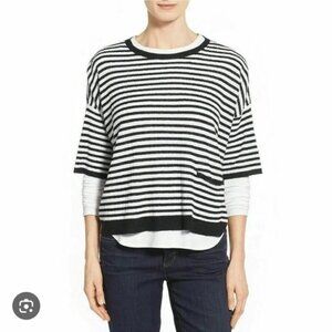 Eileen Fisher Black White Striped Top Faux Pocket Sz M